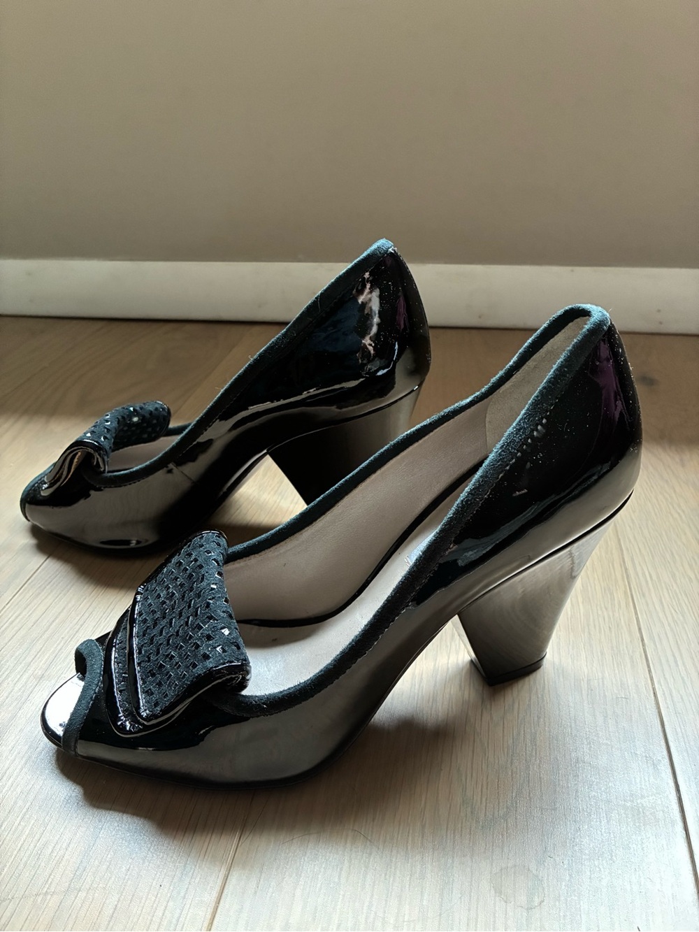 Pour La Victoire Black Patent Peep-Toe Heels with Bow Detail